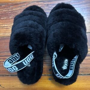 UGG Black Fluffy Slides with Logo Strap